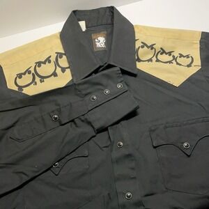 Karman Western Shirt Vintage Black Tan Owl Print Pearl Snap Mens Size M 15.5/33